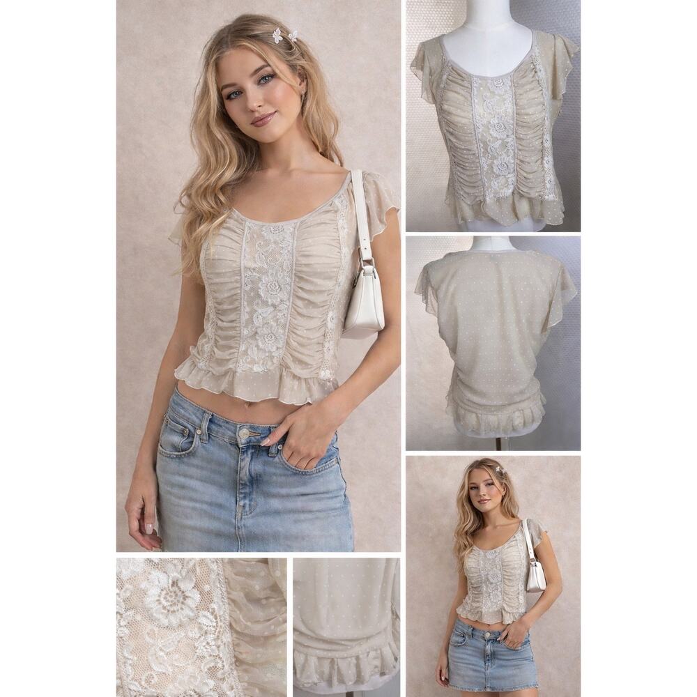 Seven 7 Top Y2K 14/16 XL beige Lace Polka Dot Flutter Sleeves Fairy Grunge